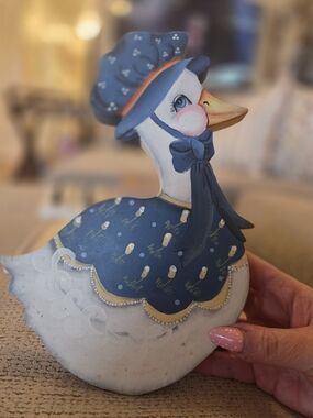 Blue & White Decorative Duck Figurine with Bonnet Cookie Jar Lid